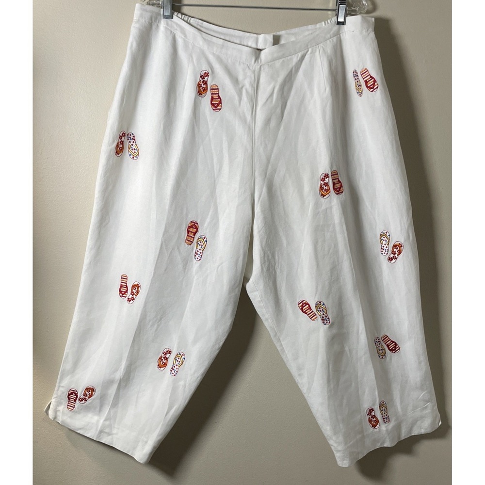 St Tropez West White Linen Lined Embroidered Flip Flops Capris Women's Size 20